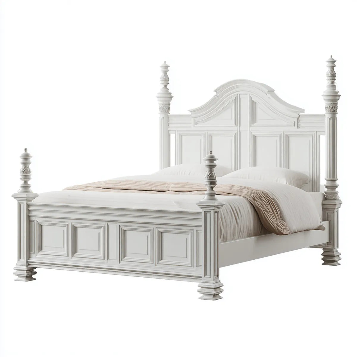 Lit double à quatre colonnes blanc 180 x 200 cm en panneaux MDF forme rectangulaire
