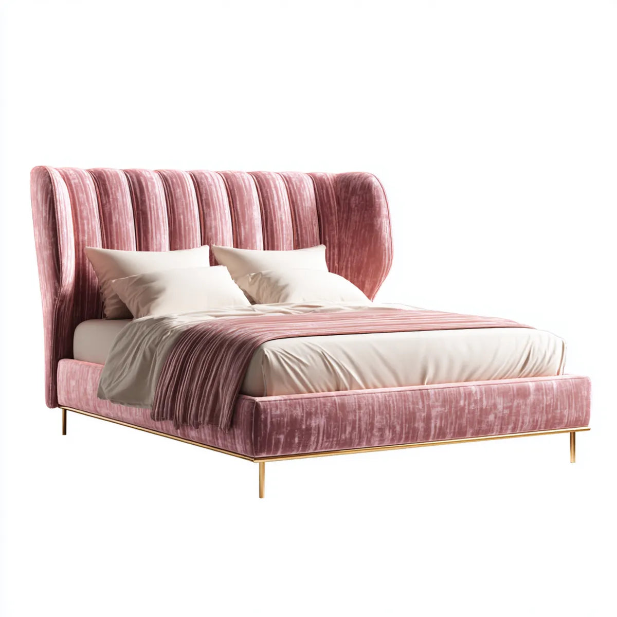 Lit double 160 x 200 cm rose en velours polyester avec tête de lit capitonnée arrondie