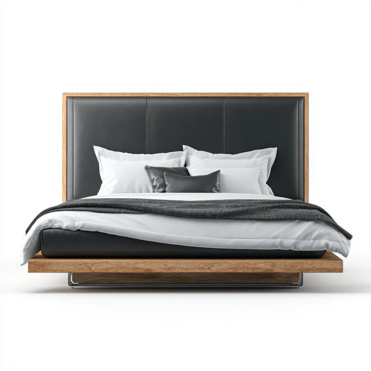 Lit double 160 x 200 cm noir et chêne en MDF plaqué chêne avec tête de lit rectangulaire en PU