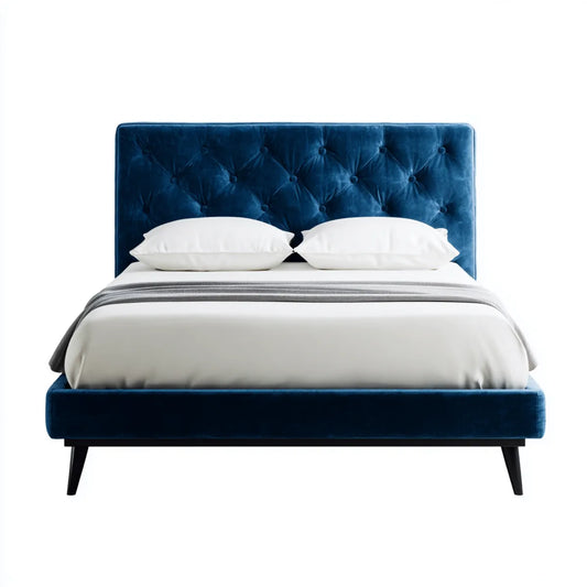 Lit double capitonné bleu en velours de polyester 160 x 200 cm cadre rectangulaire