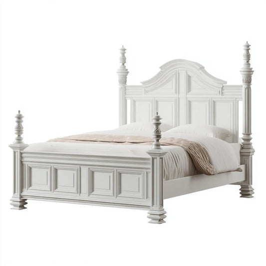 Lit double à quatre colonnes blanc 180 x 200 cm en panneaux MDF forme rectangulaire