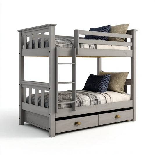 Lit superposé enfant gris 90 x 190 cm en pin massif avec échelle et 2 tiroirs