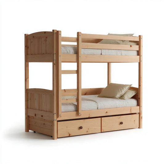 Lit superposé enfant en pin massif naturel 90 x 190 cm avec échelle et 2 tiroirs