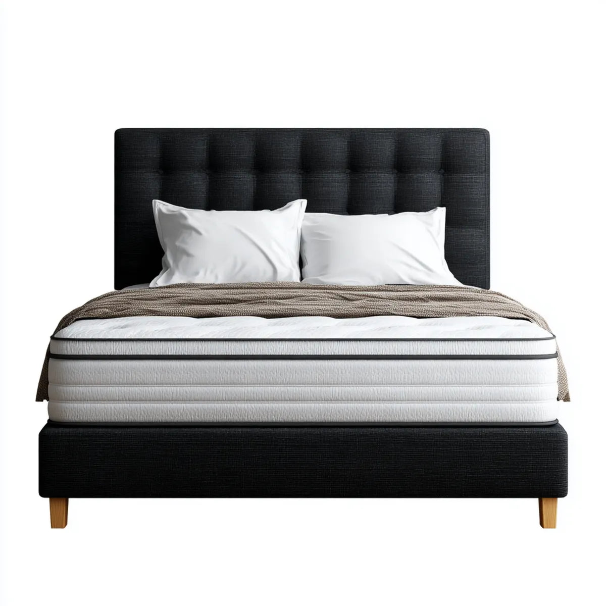 Lit double avec tête de lit capitonnée noir 160 x 200 cm en polyester forme rectangulaire