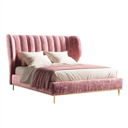 Lit double 160 x 200 cm rose en velours polyester avec tête de lit capitonnée arrondie