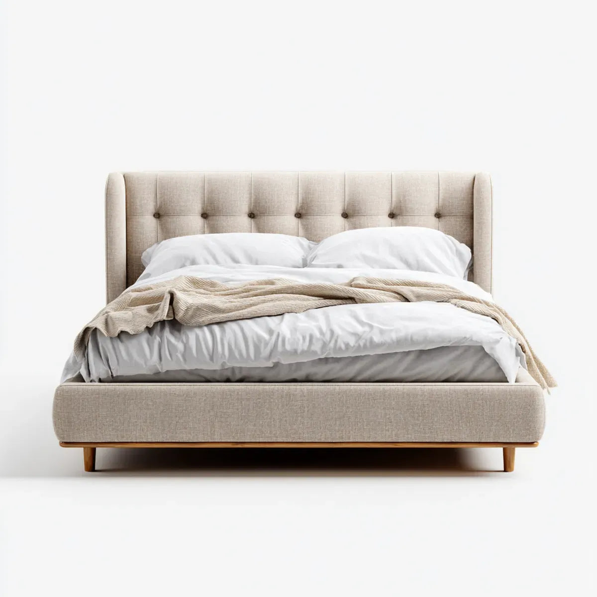 Lit double capitonné beige 160 x 200 cm en polyester avec pieds en bois massif