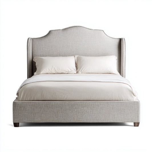 Lit double beige grège 160 x 200 cm en polyester avec tête de lit incurvée