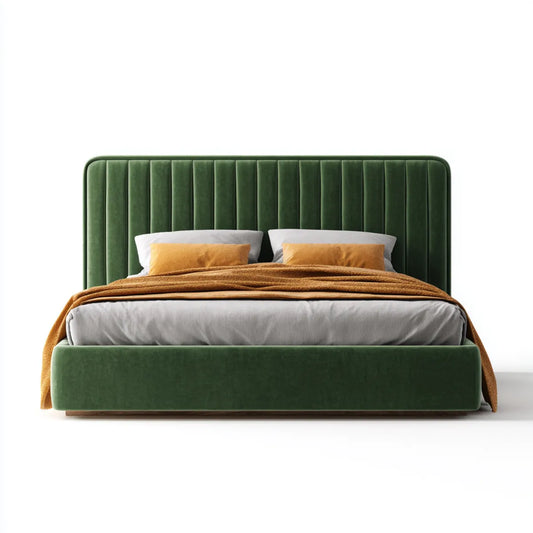 Lit double rembourré vert foncé 160 x 200 cm en velours polyester avec tête de lit capitonnée rectangulaire
