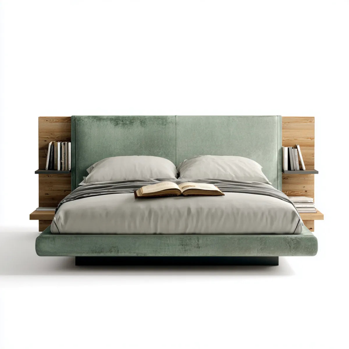 Lit double avec tête de lit et étagères intégrées vert sauge 160 x 200 cm velours polyester pin massif rectangulaire