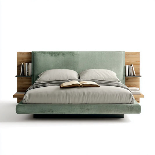 Lit double avec tête de lit et étagères intégrées vert sauge 160 x 200 cm velours polyester pin massif rectangulaire