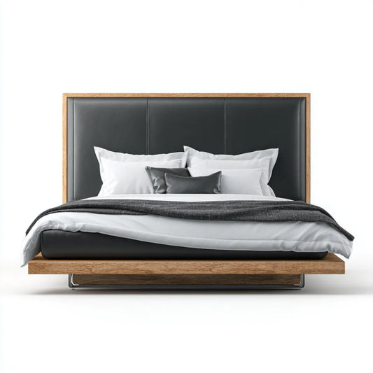 Lit double 160 x 200 cm noir et chêne en MDF plaqué chêne avec tête de lit rectangulaire en PU