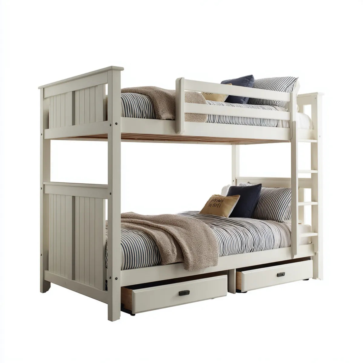 Lit superposé enfant blanc en pin massif 90 x 190 cm avec échelle et 2 tiroirs